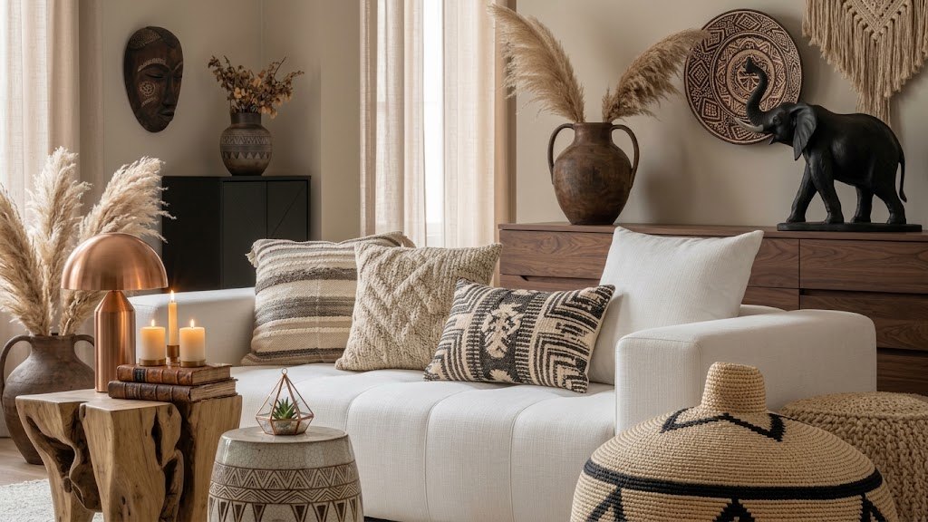 A sitting room arranged with objects and cloth