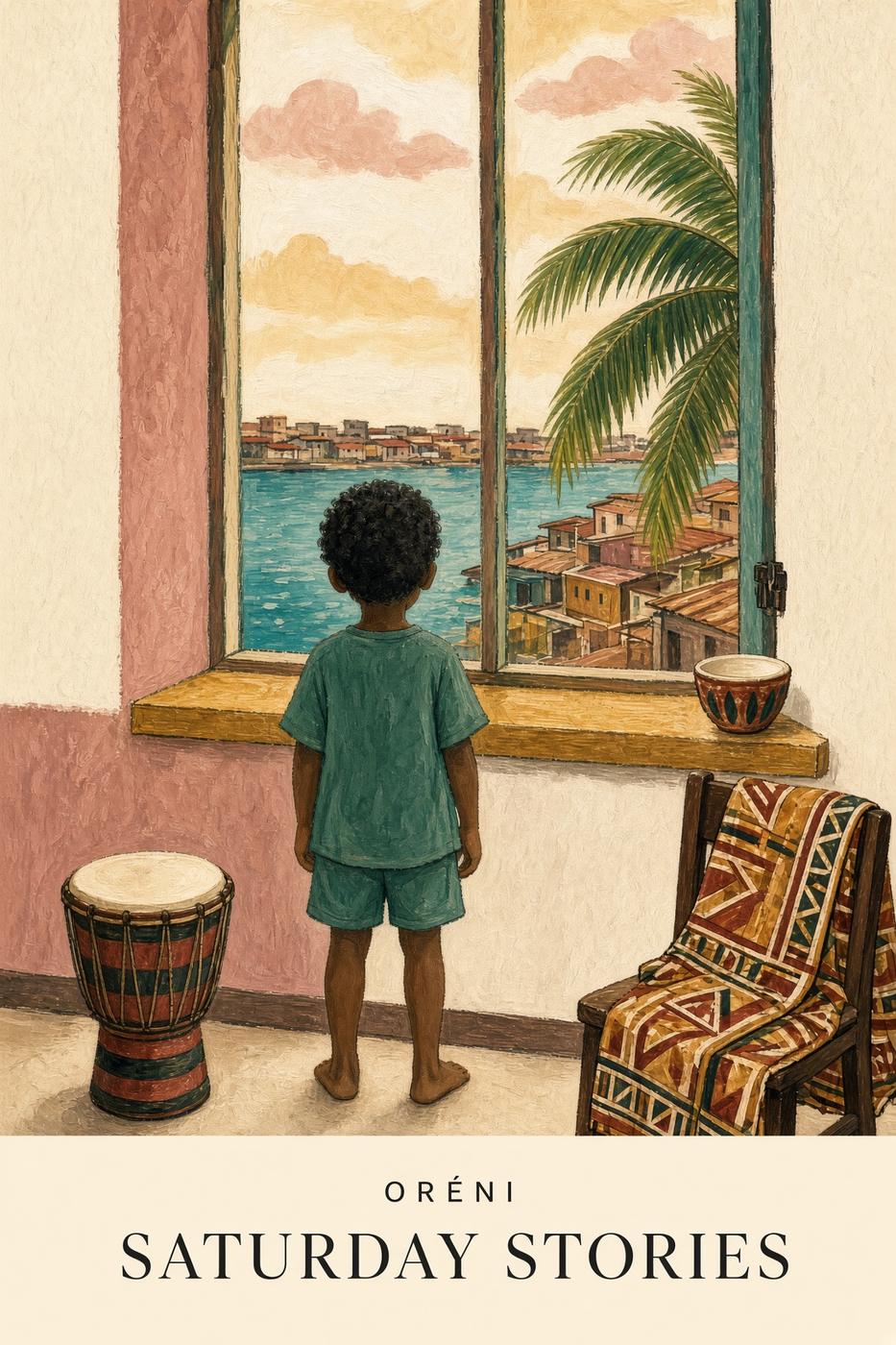 Book cover: ORÉNI, Saturday Stories. A child at a window, a drum, and a chair.